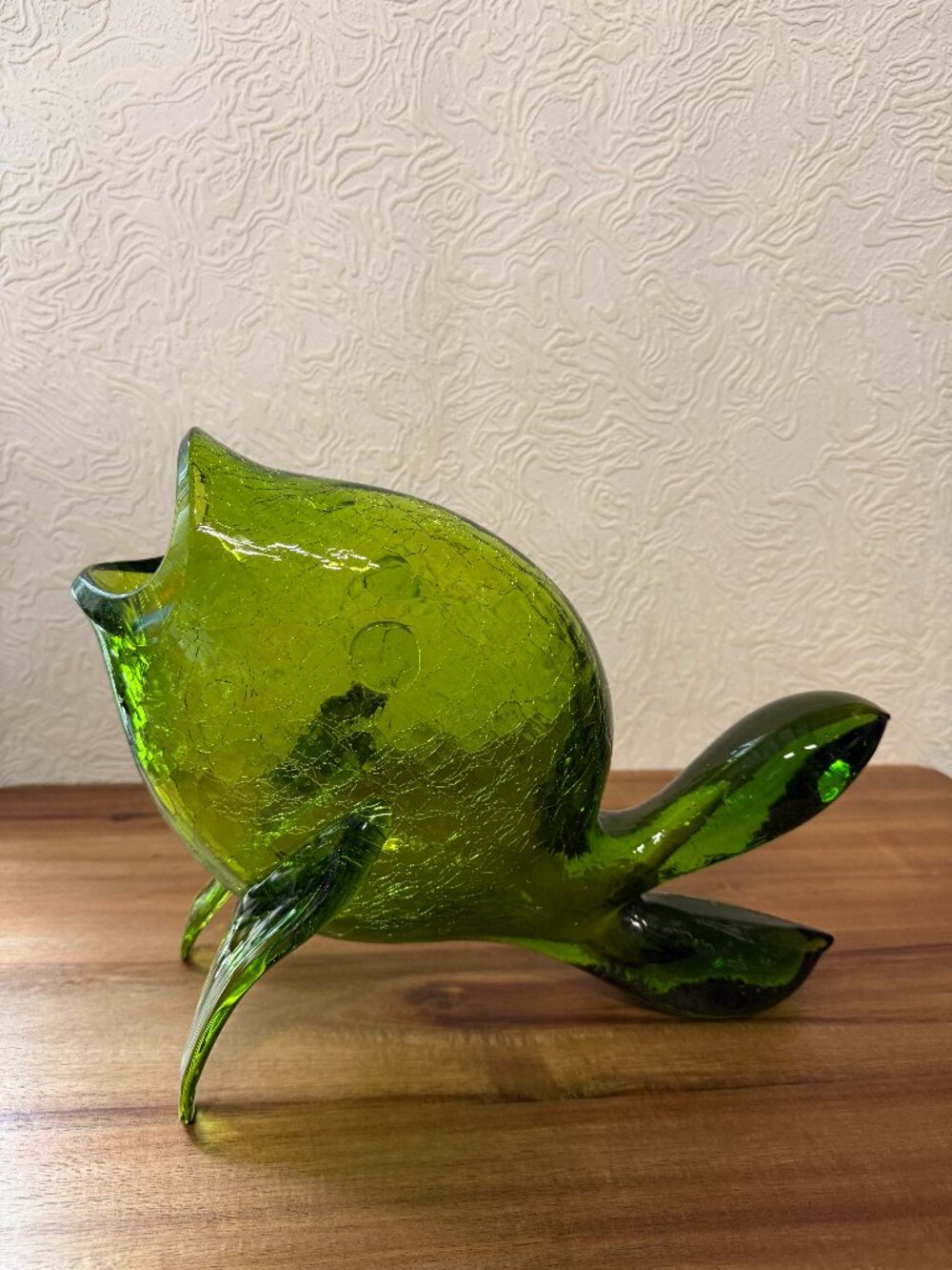RARE Vintage MCM Blenko Green Crackle Glass Fish Vase Bowl 13" Mid-Century